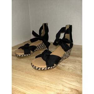 UGG Yarrow Espadrille Wedge Sandal Black Canvas Women's 6.5 US Ankle Bow New NWO